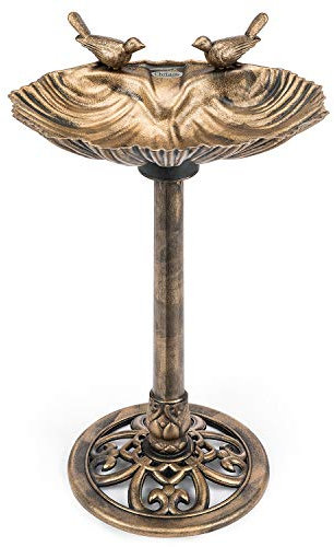 CHRISTOW Plastic Resin Bird Bath for Garden, Clam Shell Pedestal Birdbath, Traditional Style, Rustic Metal Effect, Standing Outdoor Water Bowl Feeder, 80cm x 50cm x 38cm (Bronze)