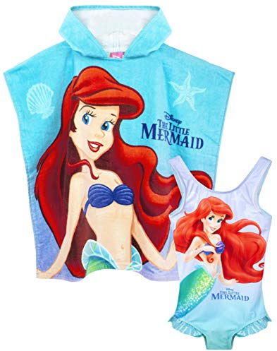 Disney Juego de Poncho de Toalla con Capucha y Traje baño para niña La Sirenita 5-6 años