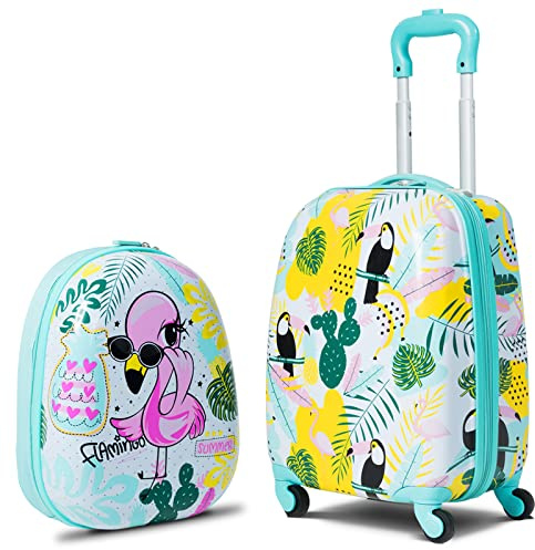 BABY JOY 2 PC Kids Luggage, 16 Toddlers Carry-on Suitcase & 12” Backpack Set, Children Travelling Case w/ 4 Casters & Retractable Handle, Lightweight Trolley Case for Boys & Girls (Flamingo)