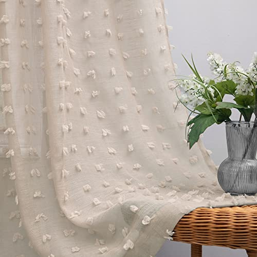 KOUFALL Tende lunghe per camera da letto, morbide, con pompon bohémien, leggere, comode, per soggiorno, casa, ufficio, grigio, beige, 132 x 248 cm, set di 2 pannelli