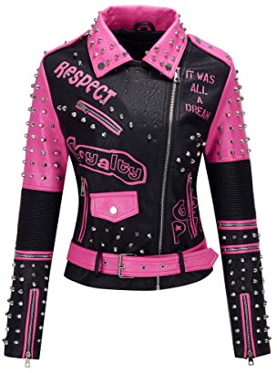 Giolshon Mujer Chaqueta de cuero sintético Remache tachonado Moto Floral Biker Abrigo de solapa corta