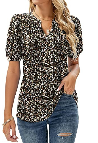 EFFAN Ladies Summer Tops Womens Casual T Shirts V Neck Elegant Floaty Floral Printed Tunic Blouse Floral Black L (UK 16-18)