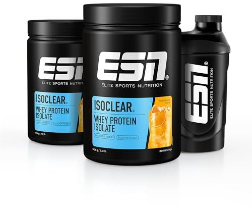 ESN ISOCLEAR Whey Isolate Protein Pulver, Fresh Orange, 2 x 908 g + Gratis Shaker, Proteinlimo mit fruchtig leckerem Geschmack, clear Whey - made in Germany