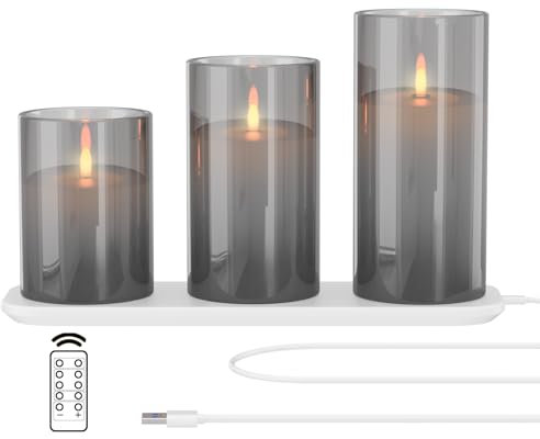 EXTSUD LED Flammenlose Kerzen Flackern mit Ladestation und Fernbedienung Timerfunktion,3er Set Led Kerzen aus Glas Wiederaufladbare Flamme Kerzenlicht Romantische Teelichter Deko Wohnzimmer Grau