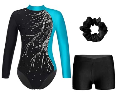 Alvivi Gymnastikdräkt för flickor, glitter, gymnastikdräkt med korta byxor, hårband långärmad, gymnastikbody, gymnastiktröja, gymnastik, kläder, danskostym, Sjö blå och svart, 146-152
