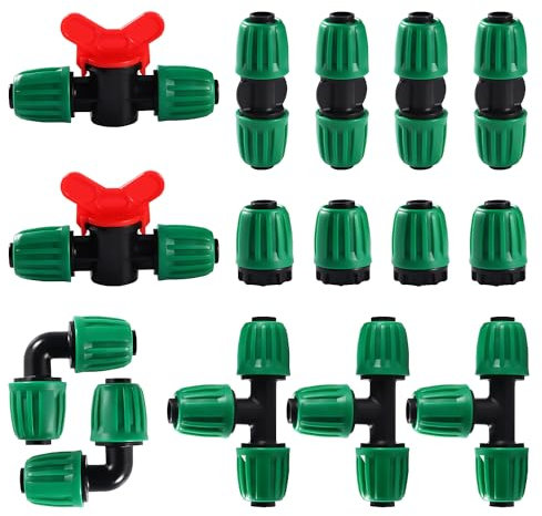 VooGenzek 15 Pezzi Kit di Raccordi per Irrigazione per Tubi per Tubo 16 mm, Irrigazione Connettori, con Valvole di Commutazione, Tee, Gomiti, Diritti, Tappi Terminali, Verde