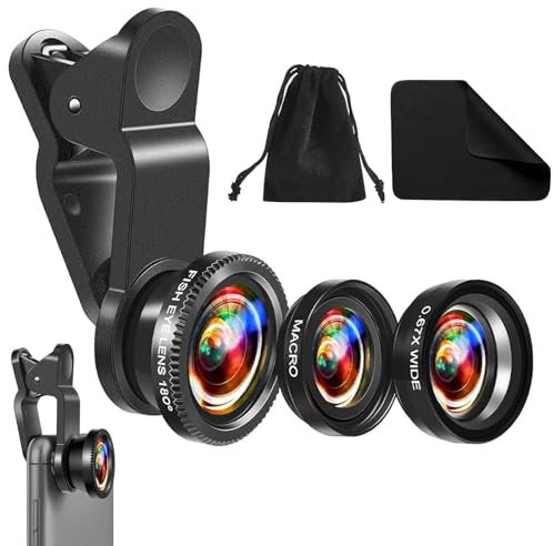 Guegine Phone Camera Lens, 3 in 1 Phone Camera Lens Kit, Universal Fish Eye Lens + Wide-Angle Lens + Macro Clip Camera Phone Camera Lens Kit for Smartphone