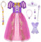 Robe de Princesse Raiponce pour Enfant Fille Déguisement Princesse Raiponce Filles Costume avec Accessoires Robe de Soirée Cosplay Halloween Noël Anniversaire Partie Carnaval 7Ans Violet 02 140