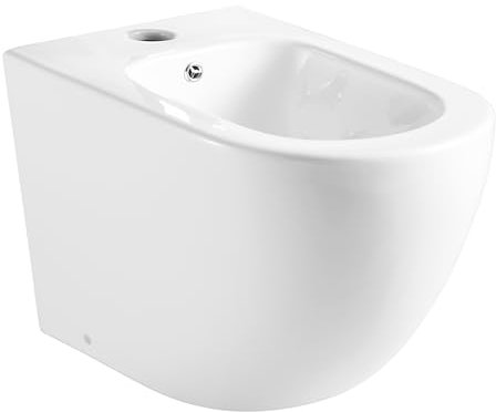 BAIKAL Bidé de Cerámica. Bidé Compacto a Suelo con salida a Pared. Blanco Brillo. Dispone de orificio para grifo, para rebosadero y para drenaje.