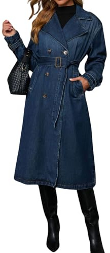 loveimgs Women Vintage Double Breasted Mid Long Denim Jacket Jean Trench Coat Duster Blazer Jacket Windbreaker Belt (X-Large, Blue)