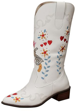 Generiska ankelstövlar dam med klack, dam knähöga cowboystövlar broderi västerländska stövlar blockklack vinterstövlar kort cowboy stövletter blockklack ridstövlar blombroderi damstövlar, Vit, 43 EU