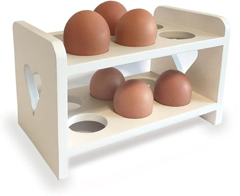 GreyZouq Vintage Wooden Egg Rack Storage with 2-Layer and Pretty Cut Out Heart Design, Country Kitchen Style, Scandinavian Inspired, Holds 12 Eggs, Rustic Food storage. (Cream)