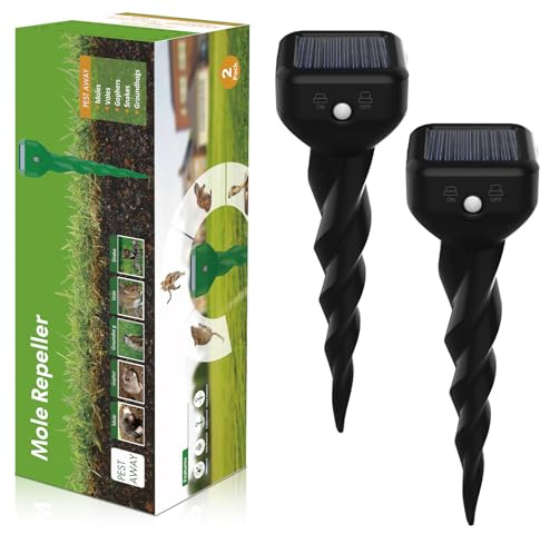 Dufuso Anti Taupe Solaire Ultrasons Lot de 2, Répulsif à Vibration et Ultrasons pour Taupes, Écureuils et Serpents, Protection Jardin IP65, Résistant aux Intempéries