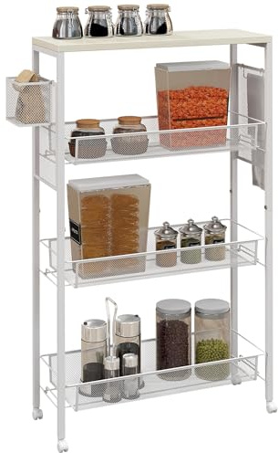HOMCOM 3-Tier Storage Trolley on Wheels, Slim Rolling Cart with Steel Wire Baskets & Hanging Hook, for Small Kitchen, Living Room, Bathroom, White