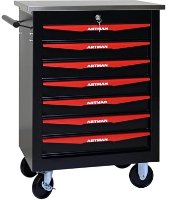 FammyLoft Werkzeugwagen mit Rädern, Rolling Werkzeugkoffer mit 7 Schubladen, Metall Werkzeugkiste für Garage, Workshop, Warehouse, Reparaturwerkstatt, Werkzeugtrolley mit Edelstahldach, Schwarz