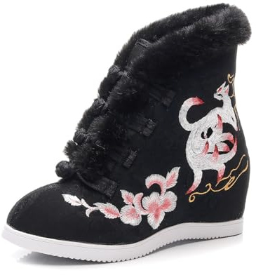 Bottines À Talon Compensé Dissimulé, Style Ethnique Raffiné pour Femme Bottes De Neige Chaudes Et Doublées De Peluche pour l'hiver Chaussures Hanfu Traditionnelles Chinoises(Black,37 EU)