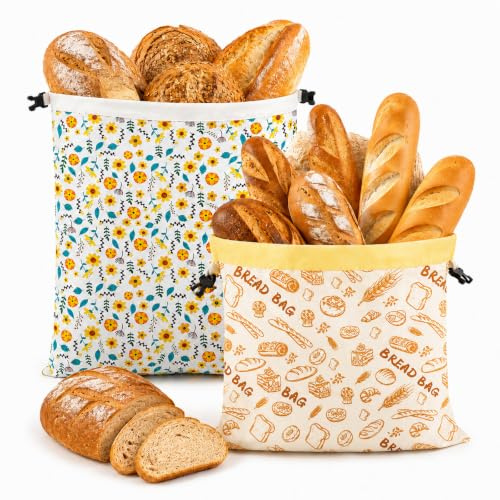2 stycken återanvändbara brödpåsar i bivax, 43 x 33 cm bomullslagringspåsar, brödpåse med bivaxduk innerfoder, stor brödväska tvättbar för hembakat bröd och bakverk