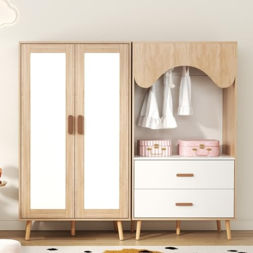 Merax Set guardaroba per bambini per la cameretta dei bambini, armadio a due ante + armadio aperto, piccolo, con asta appendiabiti e cassetti, 160 x 46 x 141,5 cm