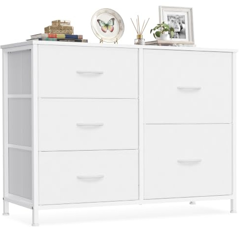 SONGMICS Chest of Drawers, 5 Fabric Drawers Storage Unit, Sturdy Steel Frame, Wooden Top, 98.7 x 30 x 74.7 cm, for Bedroom, Closet, Hallway, Living Room, Cloud White LGS235W101