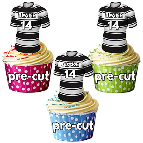 AK Giftshop PRECUT Personalised Rugby Shirts With Your Chosen NAME & NUMBER - Edible Cupcake Toppers/Cake Decorations Hull FC Colours (Pack of 24)