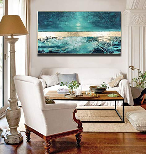 Quadri Astratti Dipinti A Mano,Trama Turchese Villaggio di Mare Lamina d'oro Strisce Impressionismo Opere d'Arte Moderna Quadri Astratti Dipinti Ad Olio Dipinti A Mano su Tela Arte Murale per Soggio