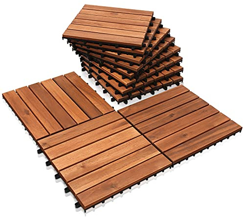 Lospitch Dalles Terrasse Bois en bois d'acacia, 30x30 cm Dalles revêtement de Sol avec Drainage, Emboîtables et ultra simples à installer(6 Lattes | 44 pièces | 4m²)
