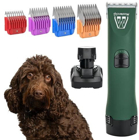 MASTERCLIP Cordless Dog Clippers for Cockapoos Labradoodles Poodles & Cavapoos, Dog Grooming Kit, Pet Shaver Trimmer for Dogs with 2 Batteries, 10 Blade & 3mm, 6mm, 10mm, 13mm Comb Guides.
