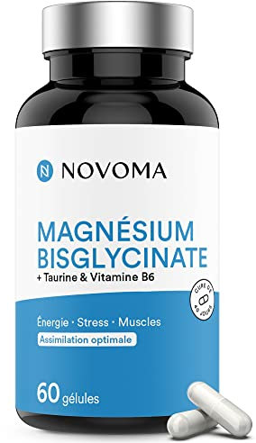 NOVOMA Magnesio Completo, Magnesio Bisglicinato Con Taurina e Vitamina B6, Dosaggio Potente & Alta Biodisponibilità, Contro lo Stress e la Stanchezza, 60 capsule Vegane