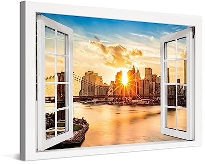 PICANOVA – Photo sur Toile 120x80cm Manhattan New York Coucher de Soleil Fenêtre – Impression sur Toile Haut de Gamme – Image sur Toile pour Décoration Murale Moderne