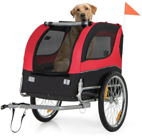 Giantex Dog Bike Trailer, Dog Bicycle Trailer, Pet Cart Carrier Wagon with 3 Doors, 20 Large Wheels, Universal Bicycle Coupler, 8 Reflectors, Collapsible to Store, Supports up to 88 lbs, Red