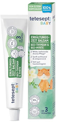tetesept Baby Erkältungszeit Balsam – 30 ml - Aromaöle Bio-Thymian und Bio-Myrte für einen befreienden Duft-Effekt – Wohltuende, milde Aroma Pflege für Babys ab 3 Monaten