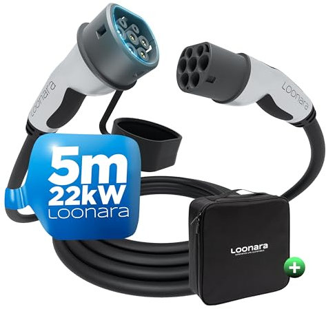 loonara Typ 2 Ladekabel 22kW 5m mit Tasche für E Hybrid - & E-Auto mit Typ 2 Ladekabel Stecker - Mode 3 Ladekabel Elektroauto Typ 2-16A ladekabel typ 2 kompatibel mit jedem Elektroauto