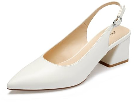 GENSHUO Chaussures à Talon Bas et épais pour Femme, Bout fermé, Sangle arrière, 6 cm, Chaussures de Bureau, de fête de Mariage, Blanc, 39 EU