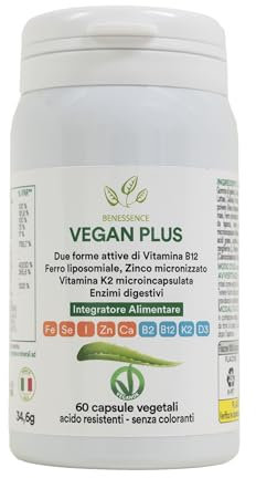 Benessence - Integratore utile per una dieta vegana - Vitamine B12, B2, D3, K2, Ferro, Zinco, Calcio, Selenio, Iodio e Aloe Vera Bio - 60 capsule