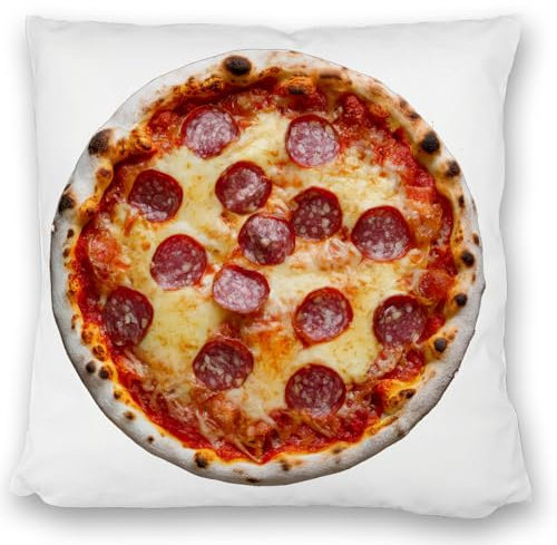 Fast Food Salami Pizza Kissen satiniert mit knusprigem Rand geschmolzenem Käse und Salamischeiben Perfektes Design für Pizza-Liebhaber