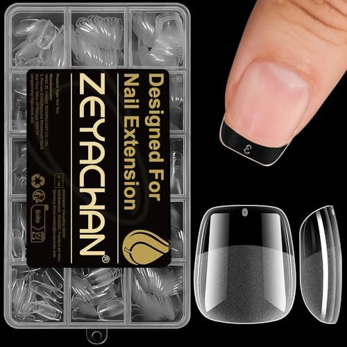 ZEYACHAN 540 Pièces Capsule Americaine Ongle Extra Court Carré, 15 Tailles Faux Ongles Transparent, Semi Givré, Soft Gel Nail Tips, Capsule Gel x Pose Americaine Court Pour DIY Nail Art