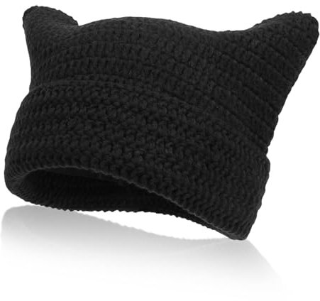 Calkkrer Weiche Strickmütze Damen, Schwarze Beanie Wintermütze, Katzenohren Mütze, Elastische Mütze Winter, Stilvolle Warme Strickmützen