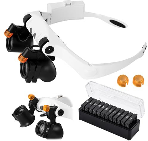 Lupa con luz, lupa de lectura con 2 luces LED, gafas de lupa para hobby, lectura, electricistas, joyeros, costura, reparación, y personas mayores, 6 objetivos intercambiables (3,0 x 4,0 x 5,0 x 6,0 x