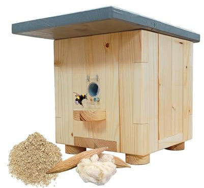 Hummelhaus Komplettset mit Wachsmottenschutz und Nistmaterial Kapok Holzspäne Hummeltür mit Anflugrampe Hummelkasten Nistkasten für Hummeln Massivholz Nisthilfe Insektenhotel wetterfest PPNatura