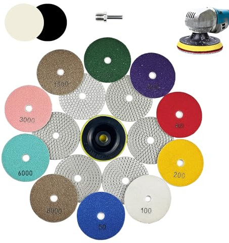 Ceeintee 4 Inch Diamond Polishing Pads, 14 PCS 50-8000 Grit Wet/Dry Granite Stone Polish Pad Kit with 5/8’’-11 Backer Pad, Drill Adapter and Wool Disc for Granite Marble Concrete Stone Tile