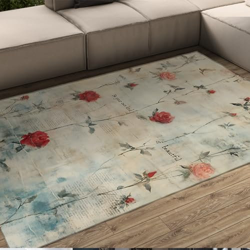 LANDERSION Vintage rustikale Shabby Rose Teppiche Luxus weich elegant traditionelle teppiche Akzent BlumenboTeppich für Wohnzimmer Schlafzimmer 100x150cm