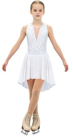 Hansber Robes De Patinage Artistique Filles Strass Paillettes Robe De Danse sans Manches Body Danse Patchwork Maillot Justaucorps avec Jupe en Chiffon #6-16 Ans