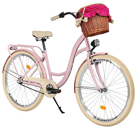 MILORD Damen Komfort Fahrrad mit Weidenkorb, Hollandrad, Damenfahrrad, Citybike, Vintage, 28 Zoll, Rosa-Creme, 3-Gang