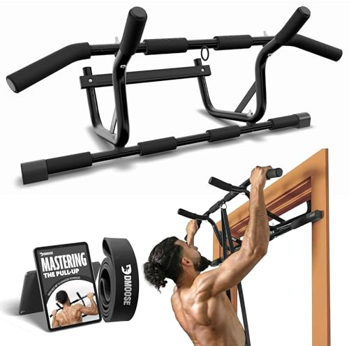 DMoose Fitness Pull Up Bar for Doorway with Pull Up Band - 250 lb Capacity, No Screws, Multi-Grip Chin Up Bar for Home Workouts, Upper Body & Strength Training - Includes Installation Guide