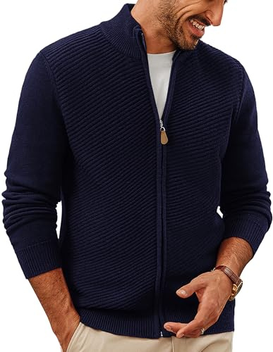 PJ PAUL JONES Cardigan en tricot côtelé à col montant pour homme avec fermeture éclair intégrale, bleu marine, M