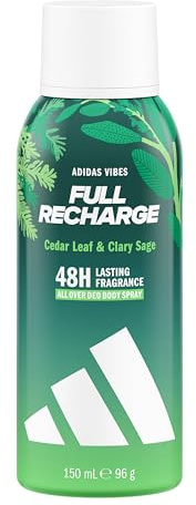 adidas Vibes Full Recharge All-Over Deodorant kroppsspray, långvarig doft 48 timmar, med noter av cederblad och salvia, 150 ml