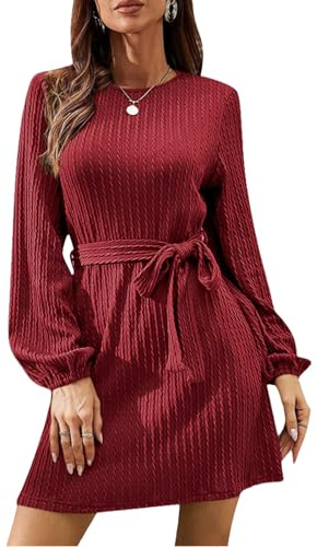 LIAMERHE Vestito Maglia Donna Elegante Manica Lunga Abito Girocollo Casual Vestiti Autunno Inverno Midi Vestito Linea A Moda Vestitino con Cintura Rosso XXL