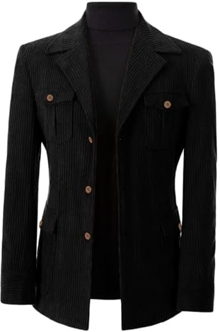 Giacca da uomo in velluto a coste a righe giacca monopetto retrò primavera autunno sport cappotto per ballo di fine anno matrimonio, Nero , 3XL