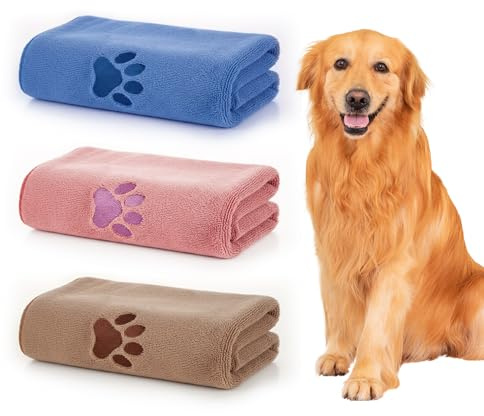 Liebesblume Hundehandtuch Set, Mikrofaser Haustier Handtuch für Hunde und Katzen, Schnelltrocknend und Extra Saugfähig, Weiches Waschbares Hundetrockentuch mit Pfotenstickerei, 35x75 cm 3 Stück