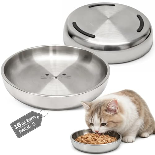 AASPIRE PETS Stainless Steel Cat Food Bowl, 16 oz / 2 Cup Each, Heavy Duty Double Wall Insulated, Shallow Whisker-Friendly Design, Non-Slip Flat Base Dish for Cats & Kittens, Dishwasher Safe, 2 Bowls